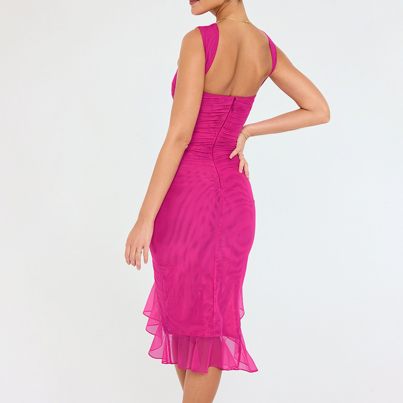 Bright magenta ruffle midi dress back view with layered hem