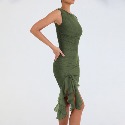 Olive green ruffle midi dress side view with asymmetrical ruffles