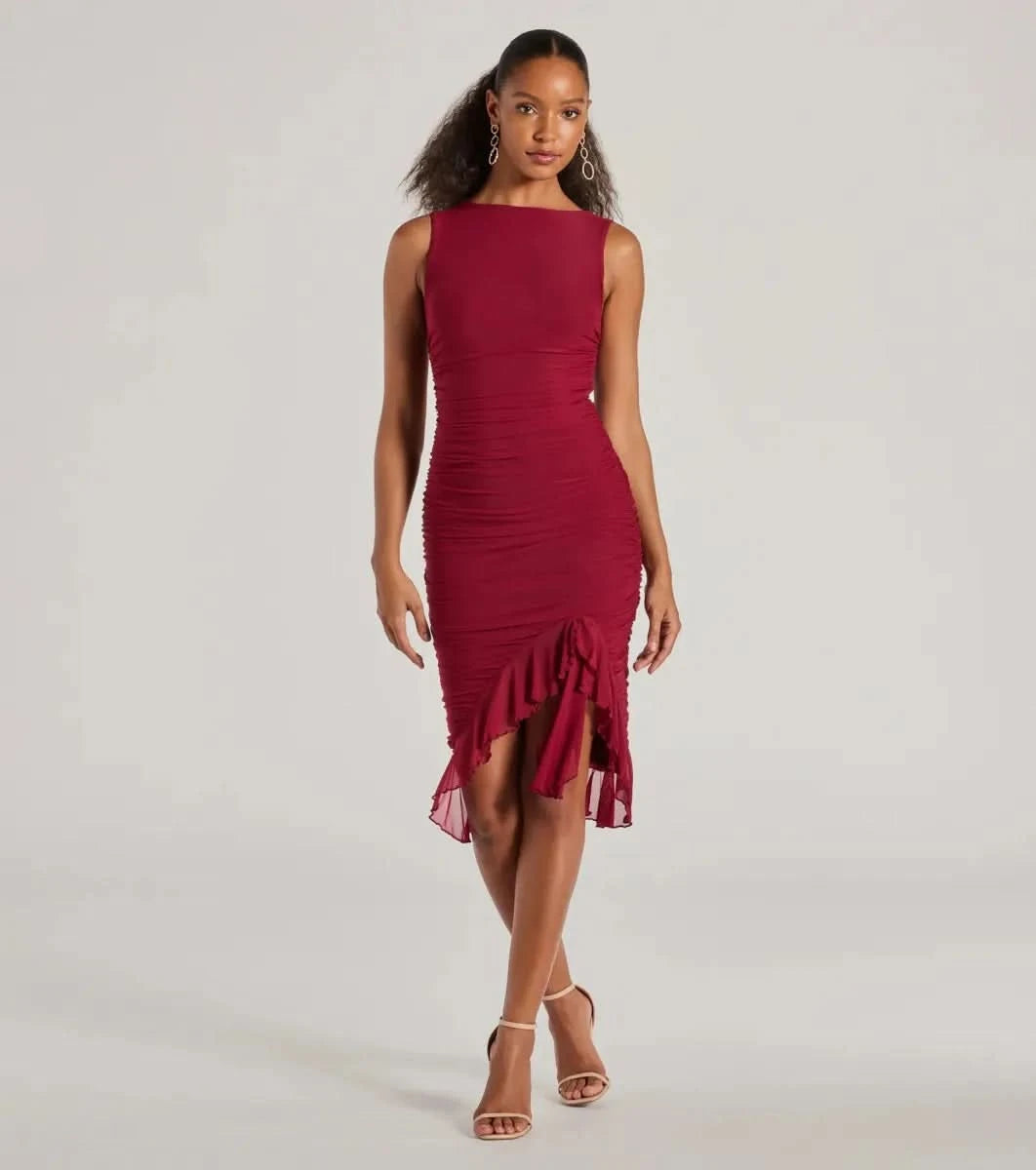 Burgundy ruffle midi dress front view with ruffled asymmetrical hem