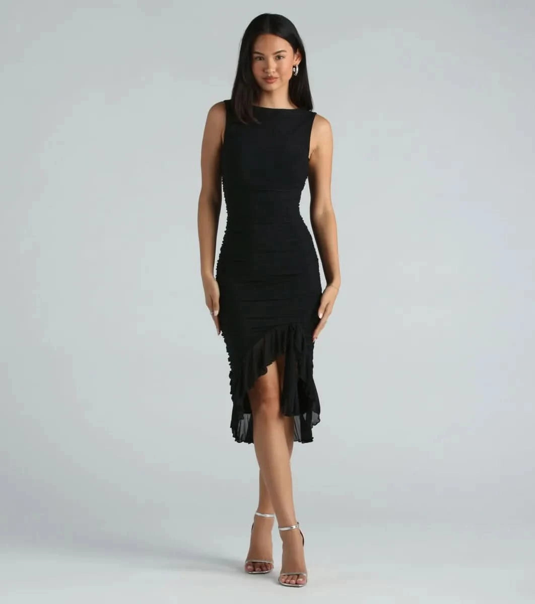 Black sleeveless ruffle midi dress with asymmetrical hem
