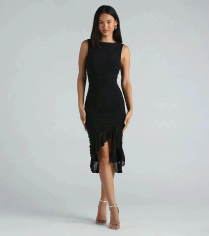 Black sleeveless ruffle midi dress with asymmetrical hem