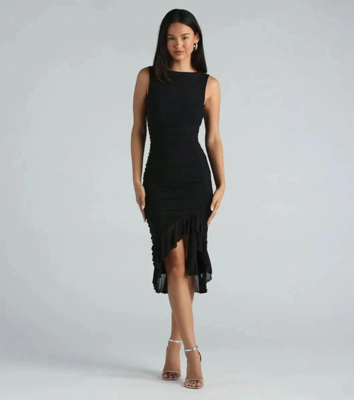 Black sleeveless ruffle midi dress with asymmetrical hem