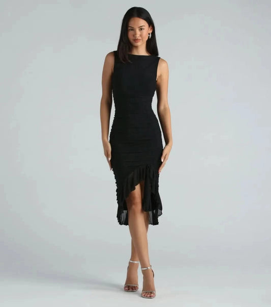 Black sleeveless ruffle midi dress with asymmetrical hem
