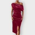 MEIRA | OFF SHOULDER RUCHED MIDI DRESS - Burgundy