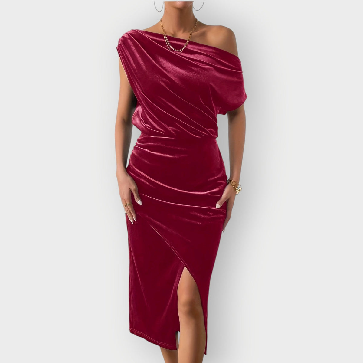 MEIRA | OFF SHOULDER RUCHED MIDI DRESS - Burgundy
