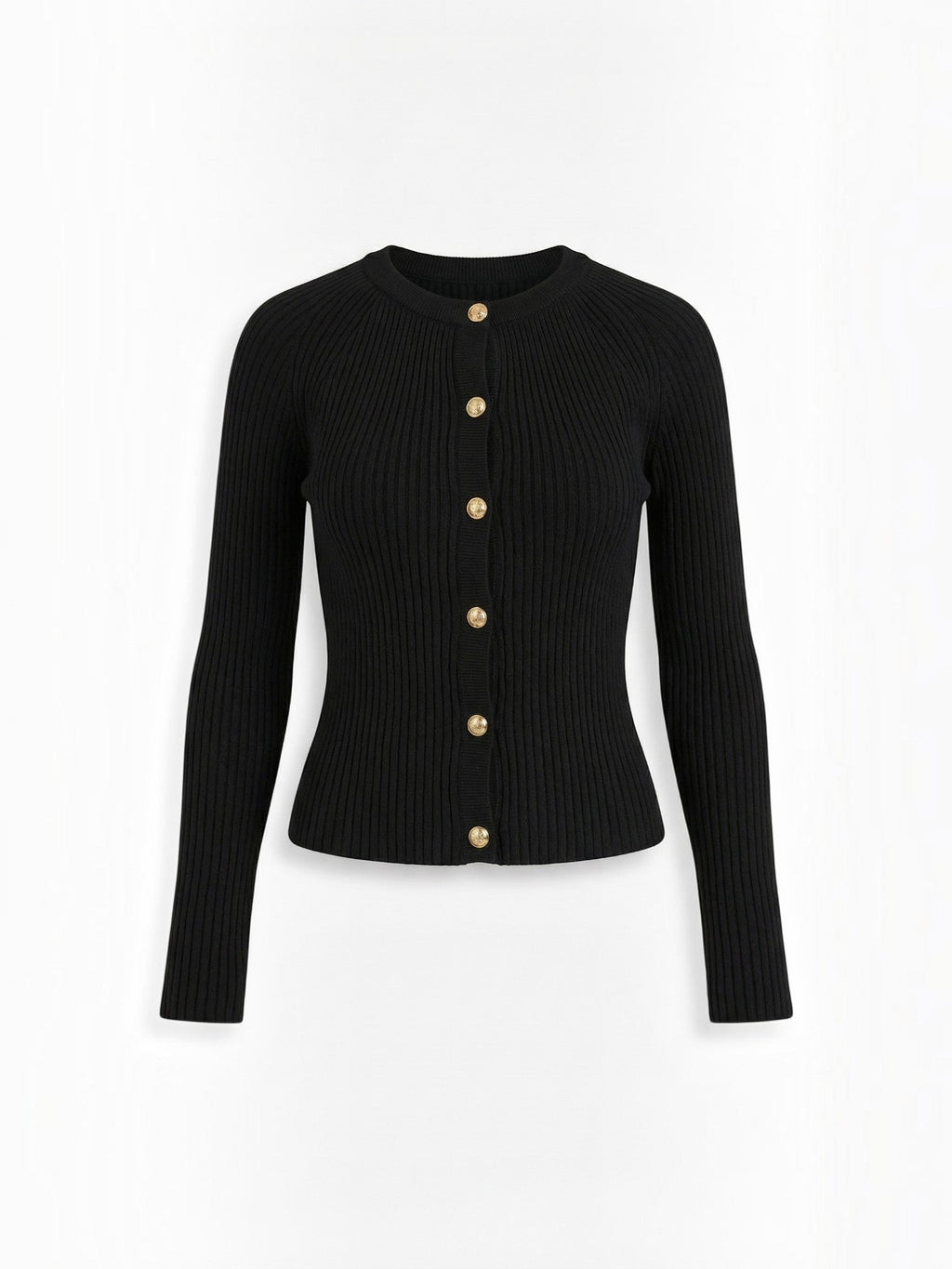 MELAINE | RIBBED GOLD BUTTON CARDIGAN - Black