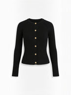 MELAINE | RIBBED GOLD BUTTON CARDIGAN - Black