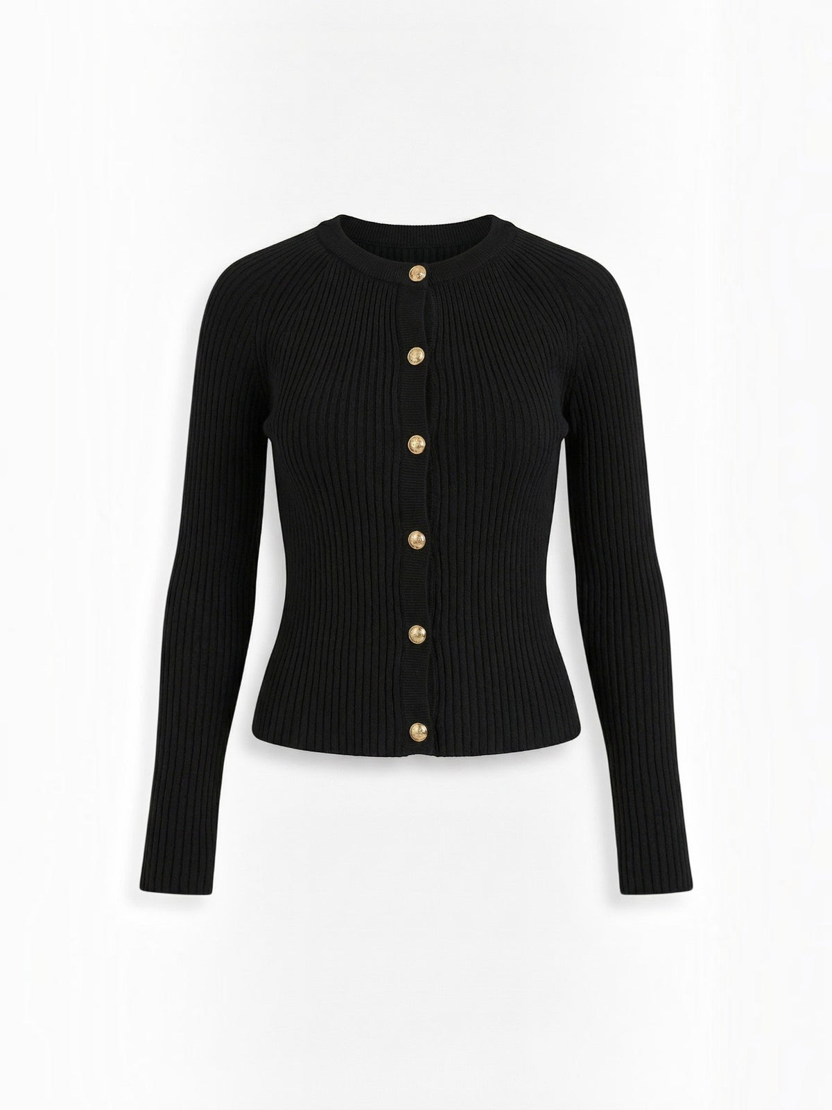 MELAINE | RIBBED GOLD BUTTON CARDIGAN - Black