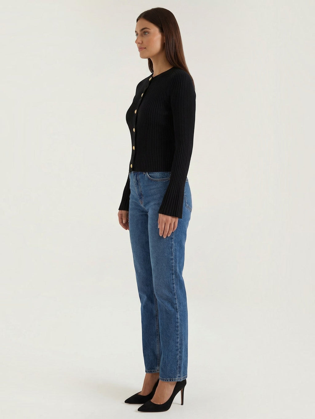 MELAINE | RIBBED GOLD BUTTON CARDIGAN - Black