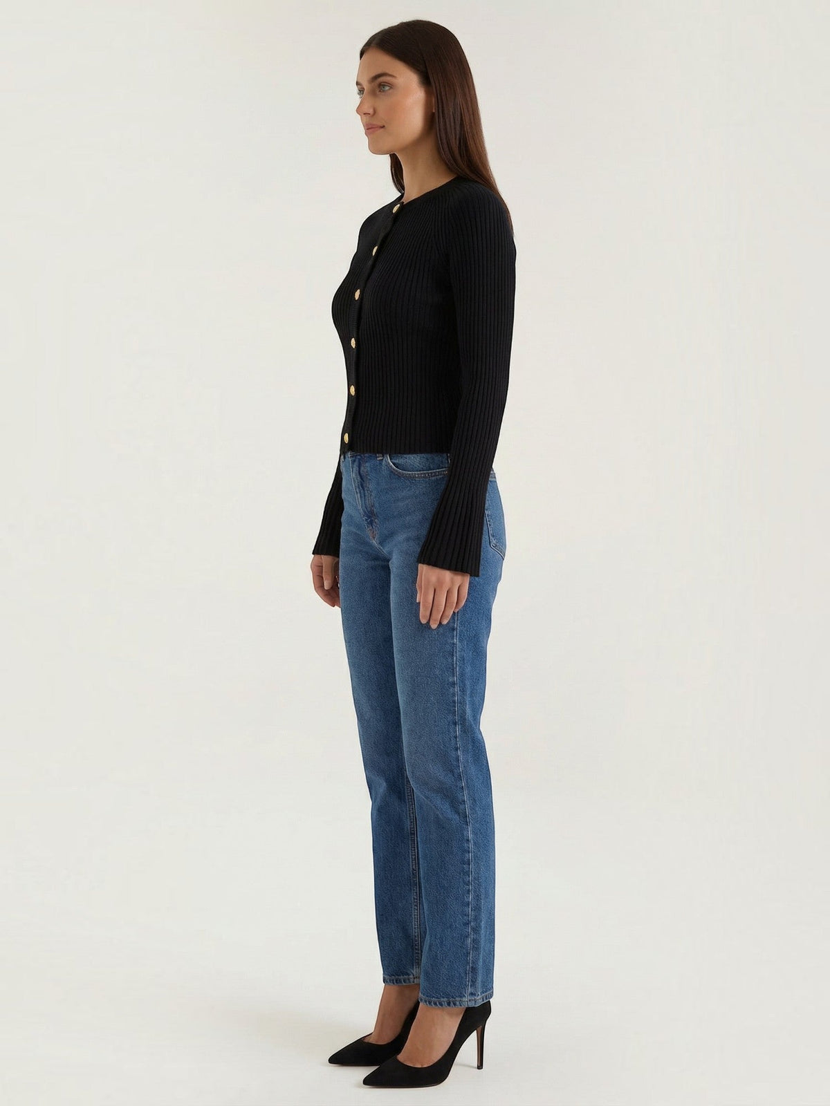 MELAINE | RIBBED GOLD BUTTON CARDIGAN - Black