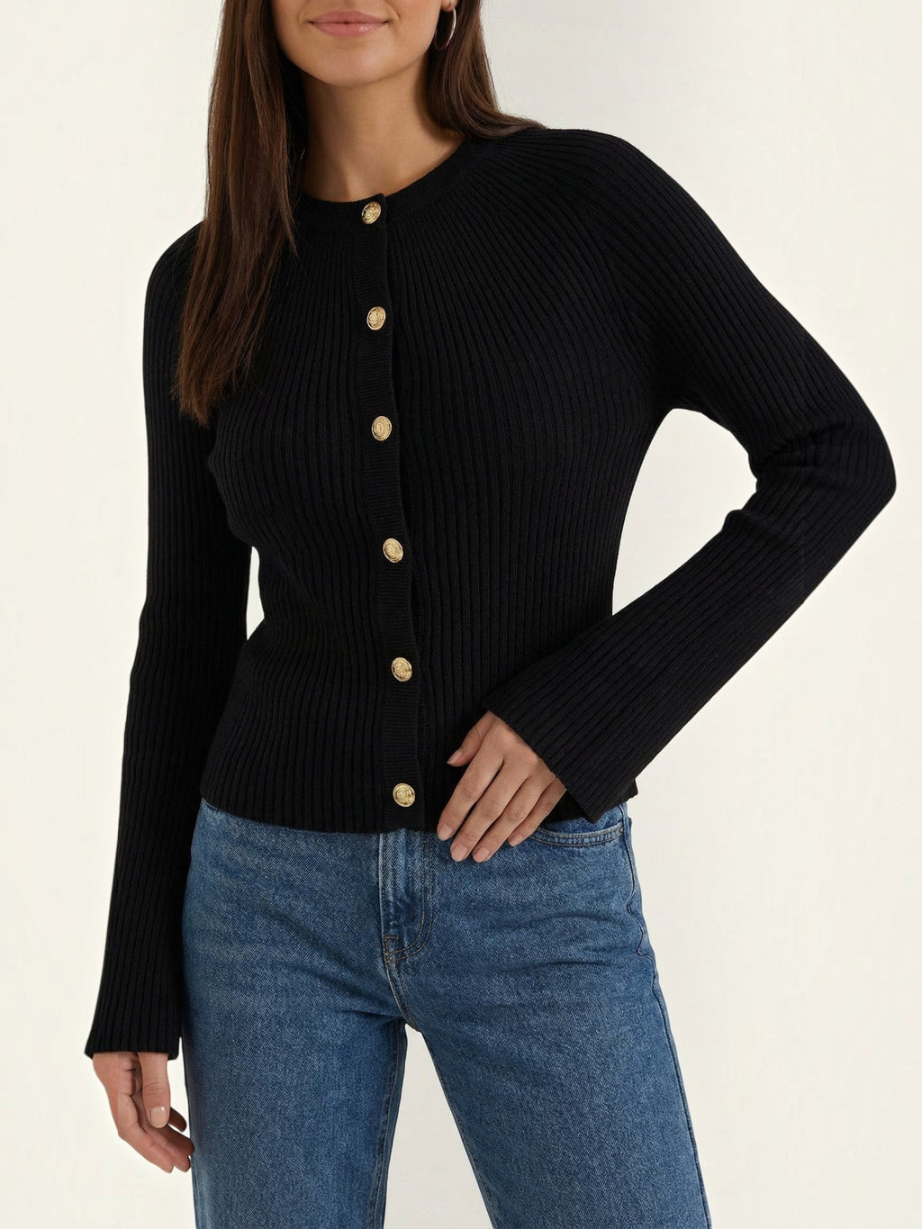 MELAINE | RIBBED GOLD BUTTON CARDIGAN - Black