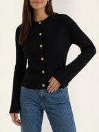 MELAINE | RIBBED GOLD BUTTON CARDIGAN - Black