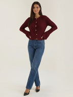 MELAINE | RIBBED GOLD BUTTON CARDIGAN - Burgundy