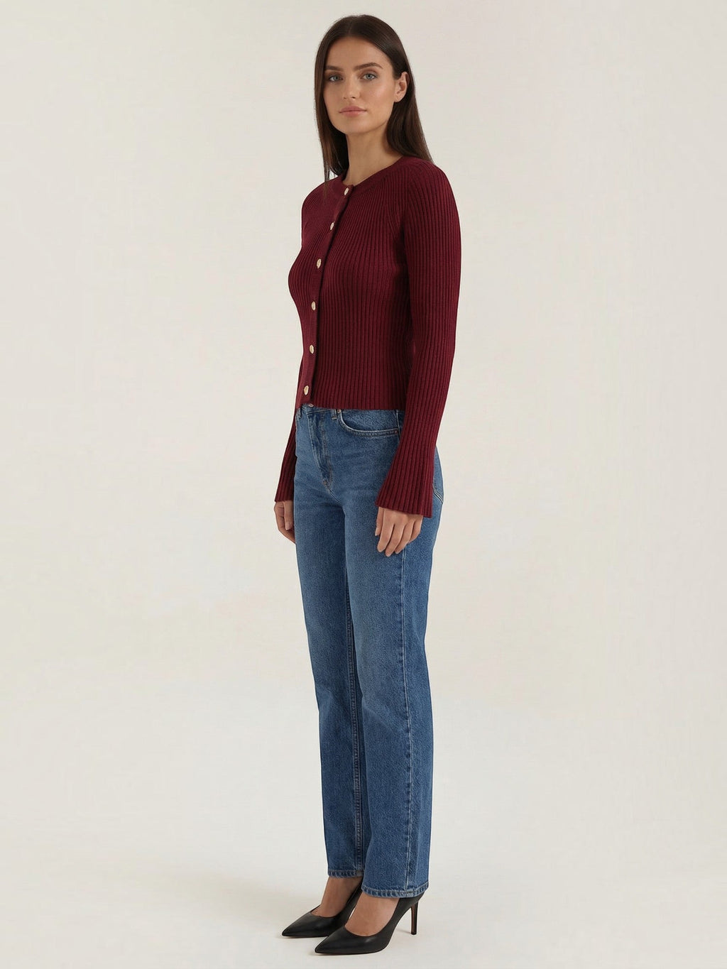 MELAINE | RIBBED GOLD BUTTON CARDIGAN - Burgundy