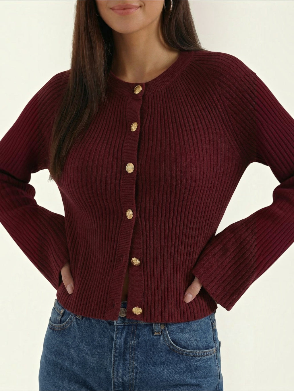 MELAINE | RIBBED GOLD BUTTON CARDIGAN - Burgundy