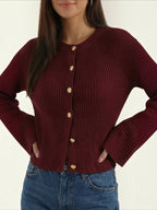 MELAINE | RIBBED GOLD BUTTON CARDIGAN - Burgundy