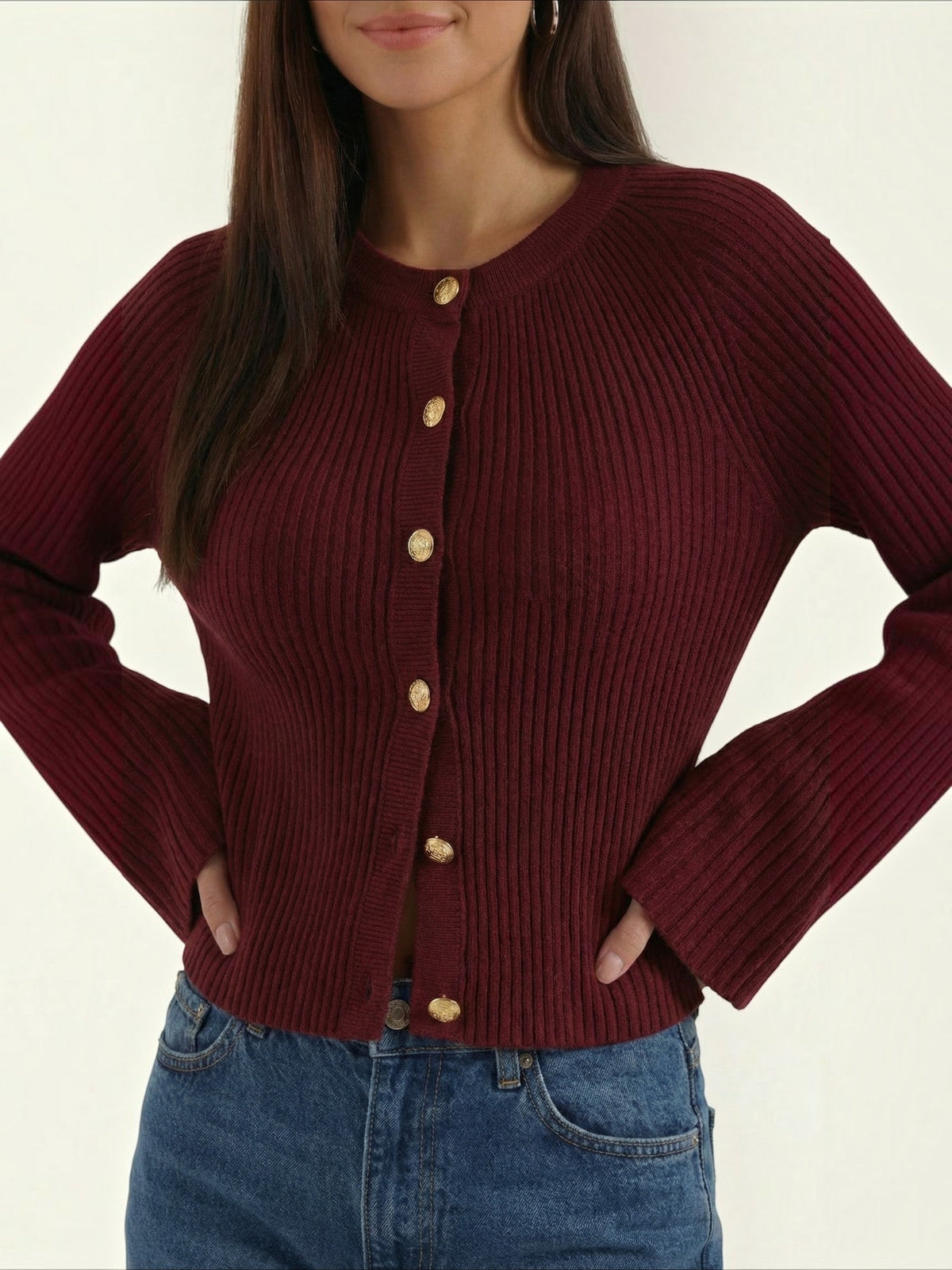 MELAINE | RIBBED GOLD BUTTON CARDIGAN - Burgundy