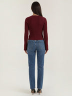 MELAINE | RIBBED GOLD BUTTON CARDIGAN - Burgundy