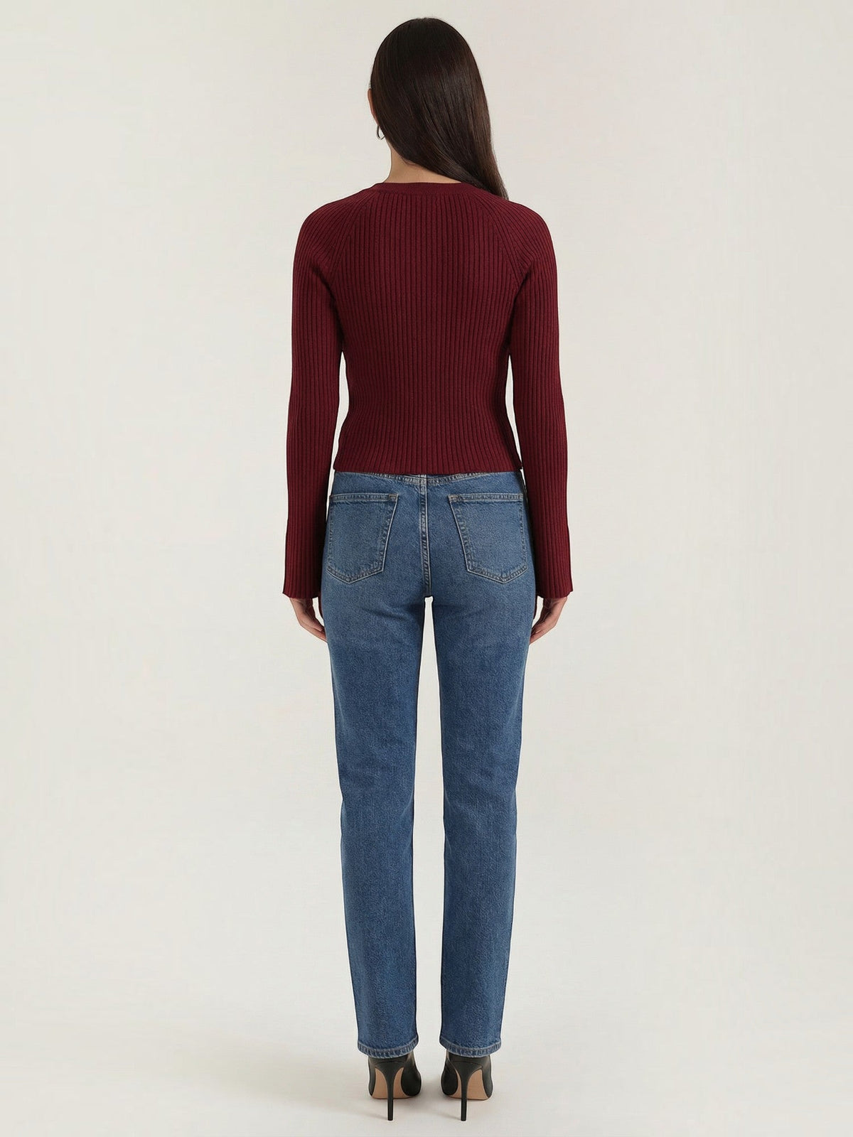 MELAINE | RIBBED GOLD BUTTON CARDIGAN - Burgundy