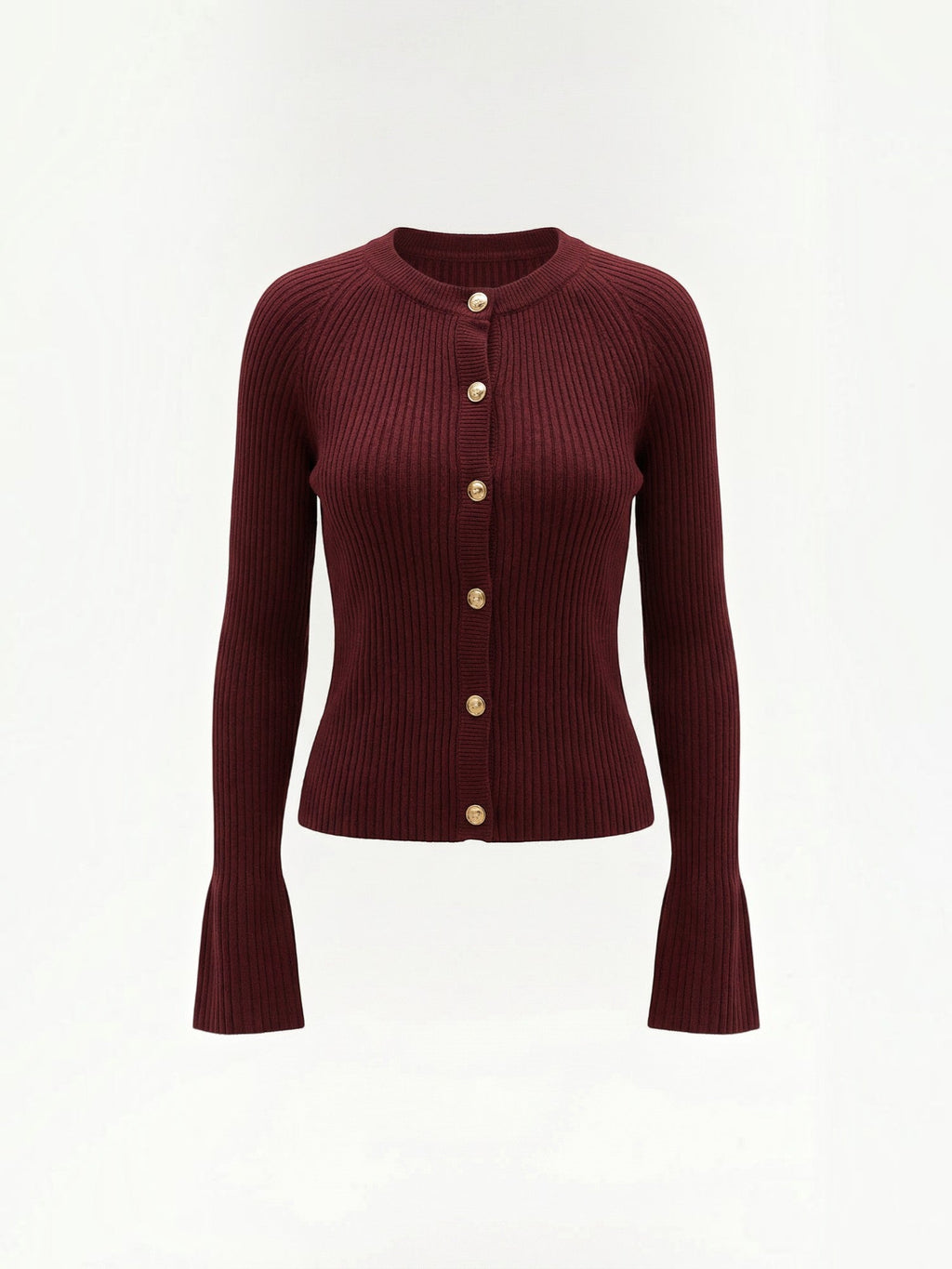 MELAINE | RIBBED GOLD BUTTON CARDIGAN - Burgundy