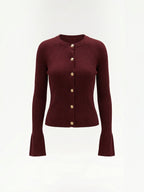 MELAINE | RIBBED GOLD BUTTON CARDIGAN - Burgundy