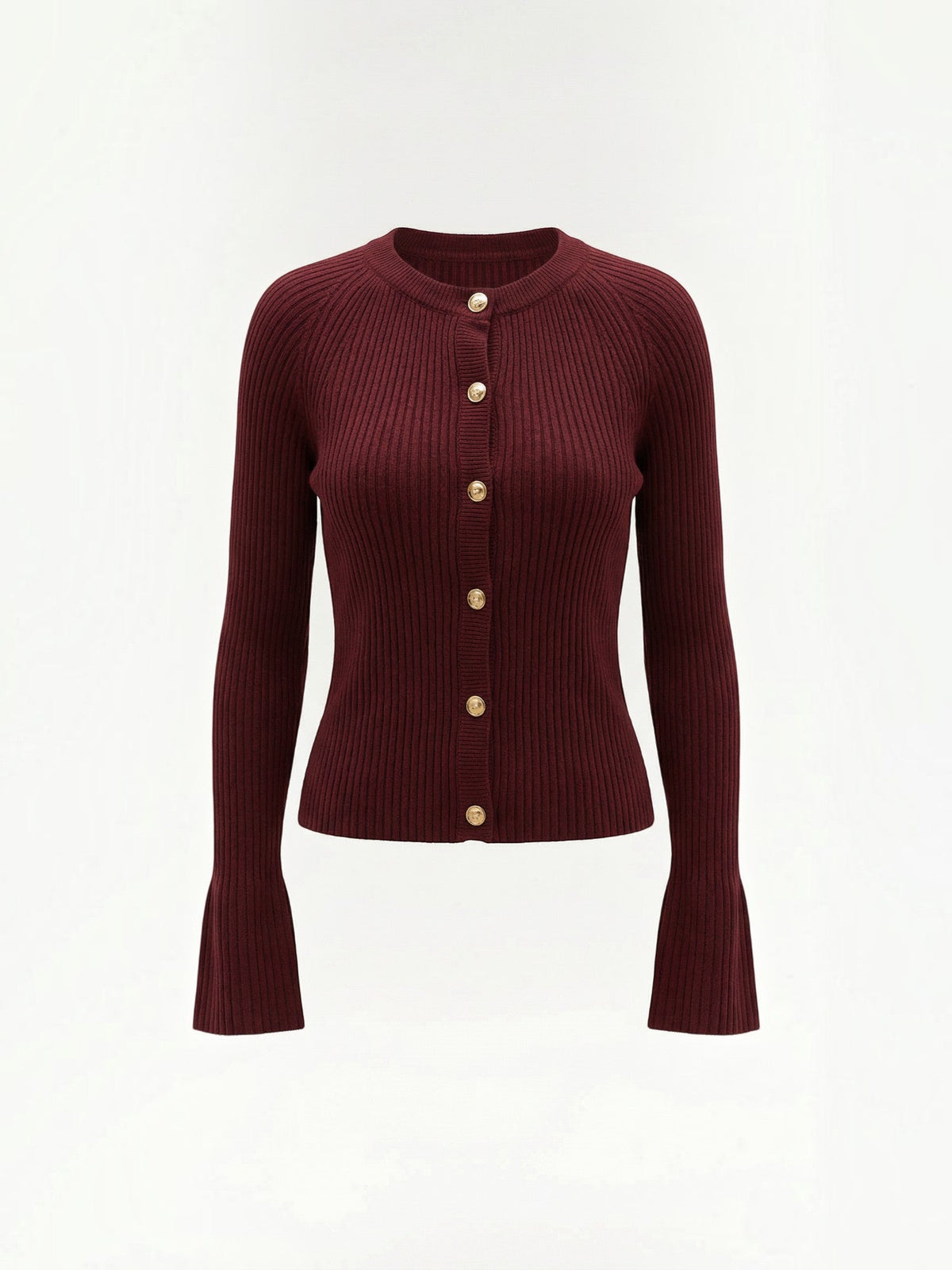 MELAINE | RIBBED GOLD BUTTON CARDIGAN - Burgundy