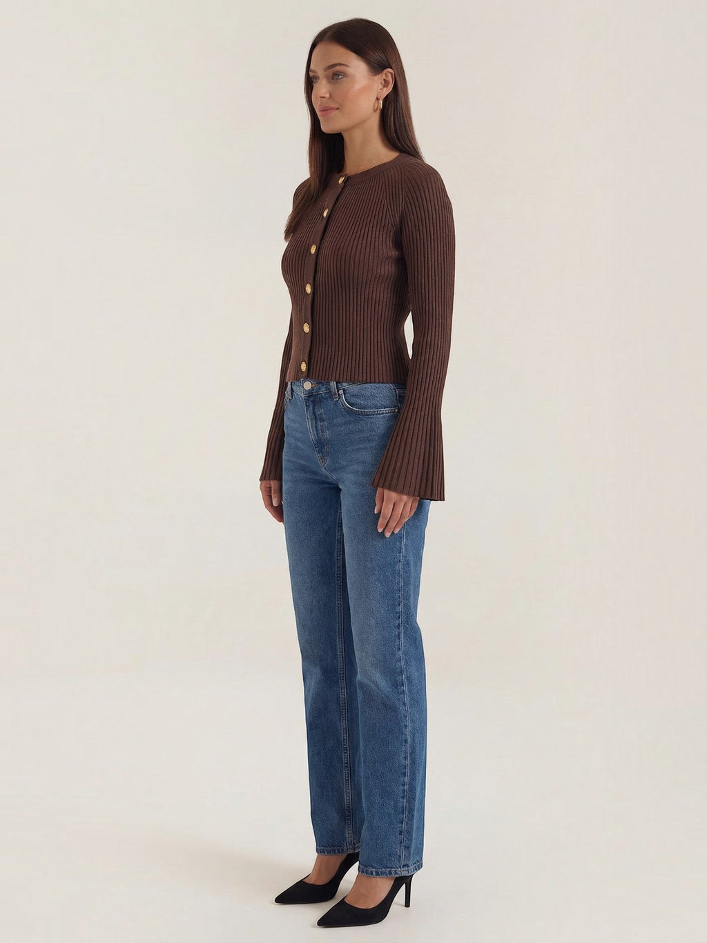 MELAINE | RIBBED GOLD BUTTON CARDIGAN - Chocolate Brown