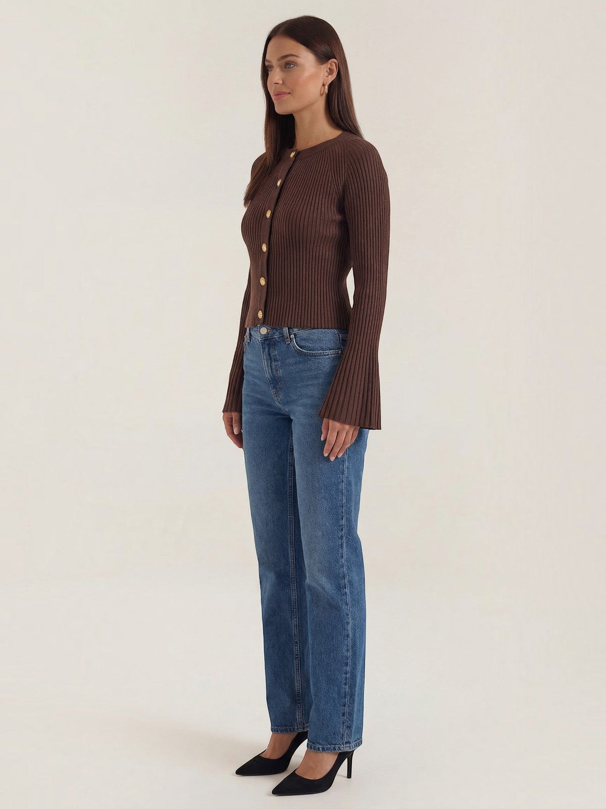 MELAINE | RIBBED GOLD BUTTON CARDIGAN - Chocolate Brown