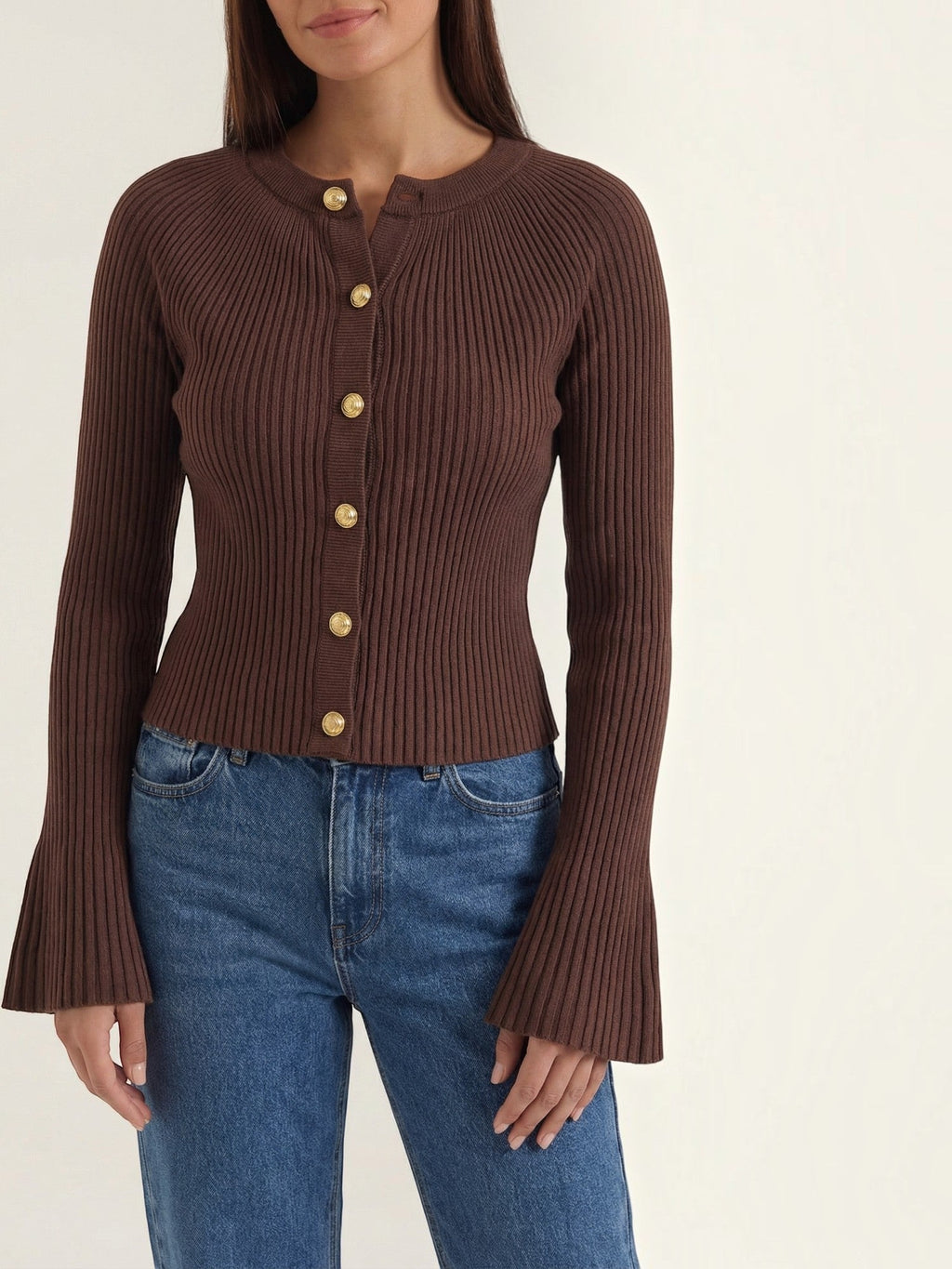 MELAINE | RIBBED GOLD BUTTON CARDIGAN - Chocolate Brown
