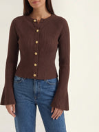 MELAINE | RIBBED GOLD BUTTON CARDIGAN - Chocolate Brown
