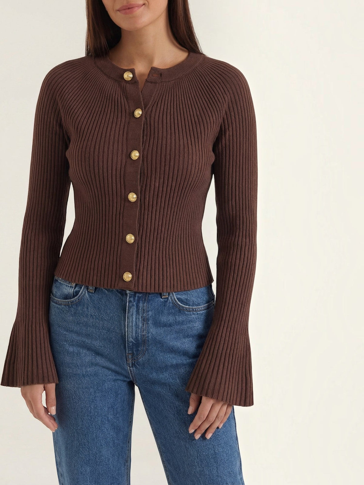 MELAINE | RIBBED GOLD BUTTON CARDIGAN - Chocolate Brown