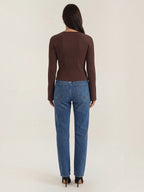 MELAINE | RIBBED GOLD BUTTON CARDIGAN - Chocolate Brown