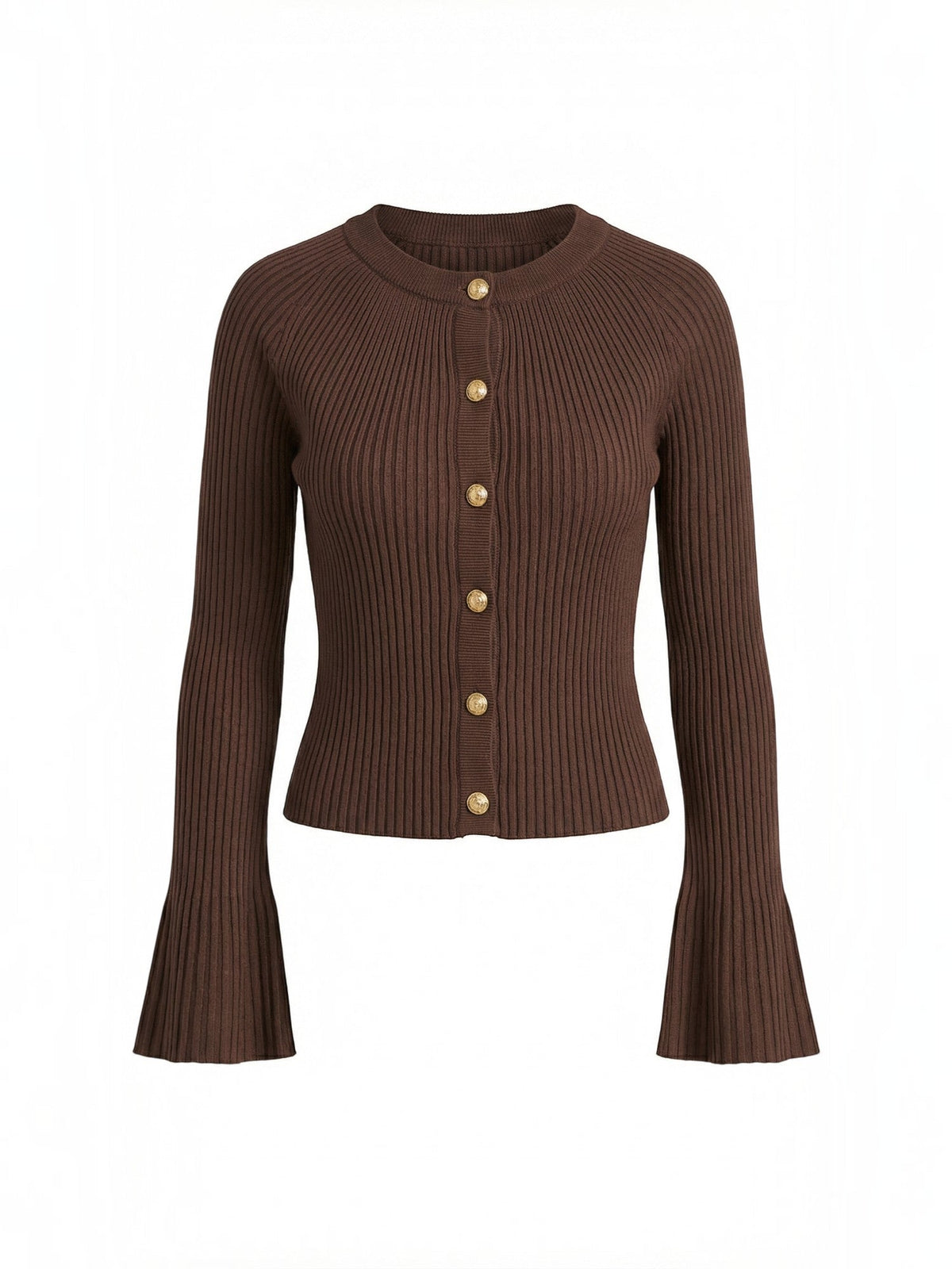 MELAINE | RIBBED GOLD BUTTON CARDIGAN - Chocolate Brown