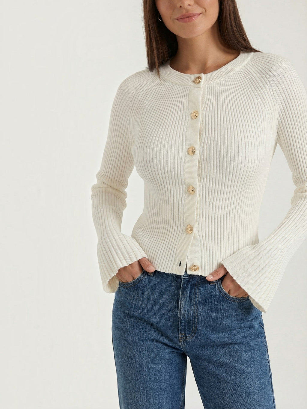 MELAINE | RIBBED GOLD BUTTON CARDIGAN - Ivory