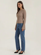 MELAINE | RIBBED GOLD BUTTON CARDIGAN - Taupe