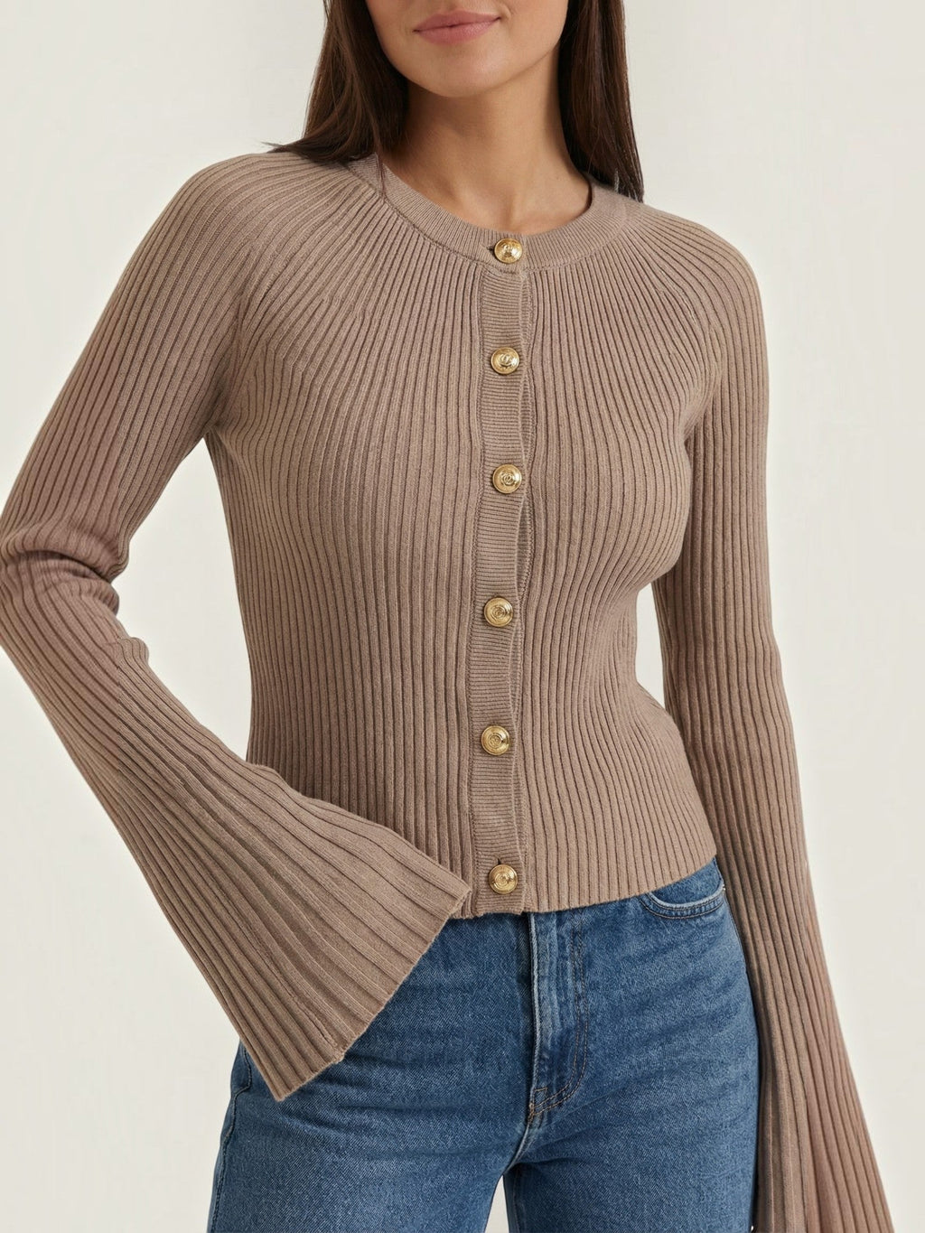MELAINE | RIBBED GOLD BUTTON CARDIGAN - Taupe