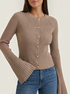 MELAINE | RIBBED GOLD BUTTON CARDIGAN - Taupe
