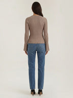 MELAINE | RIBBED GOLD BUTTON CARDIGAN - Taupe