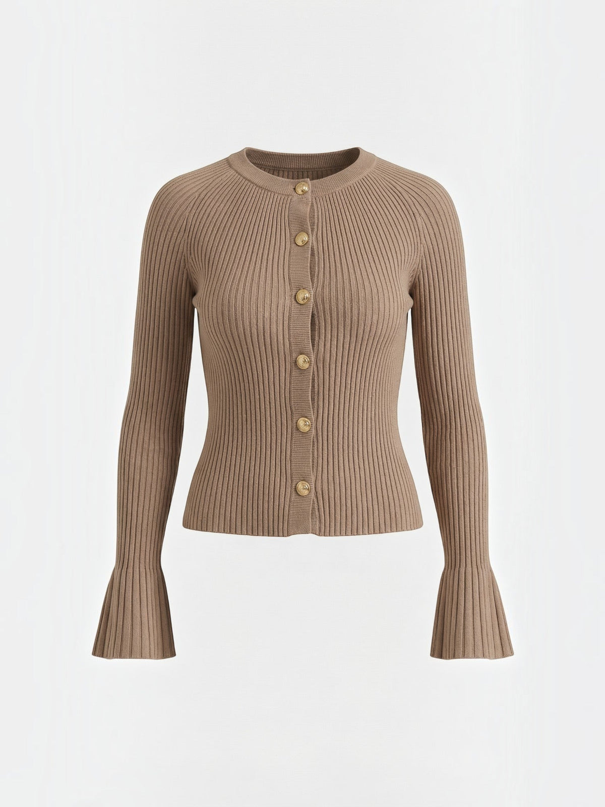 MELAINE | RIBBED GOLD BUTTON CARDIGAN - Taupe