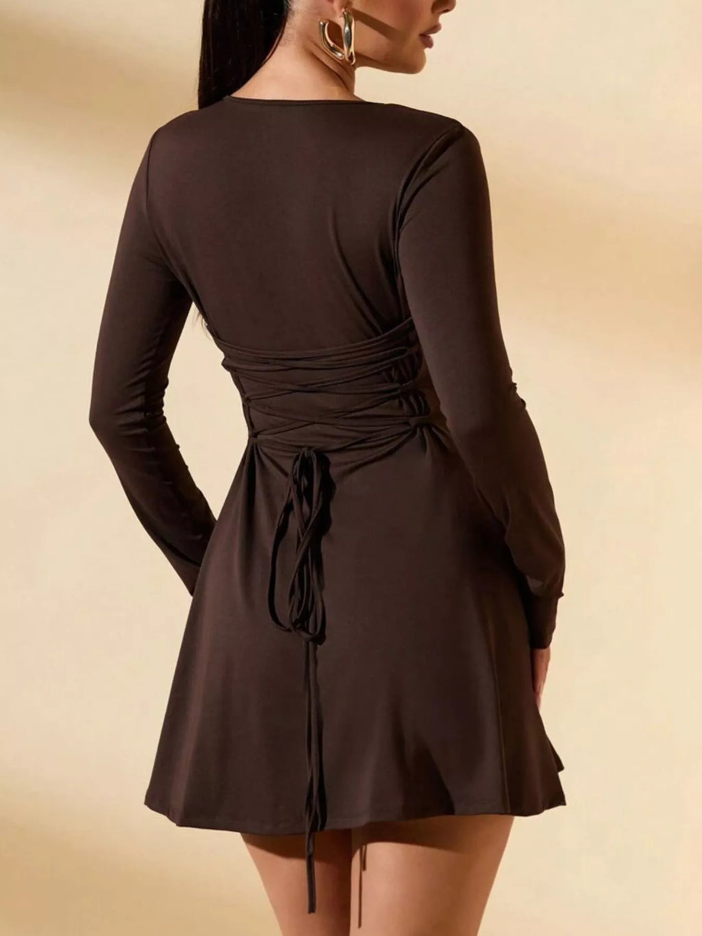 MELIA | LACE-UP BACK KNIT MINI DRESS - Chocolate Brown