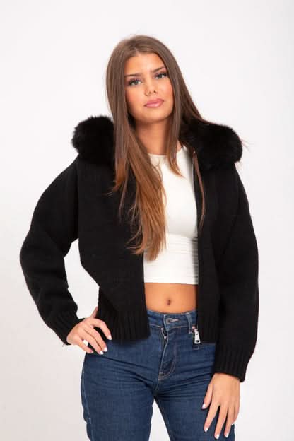 Black cardigan with oversized fur collar hood, front view