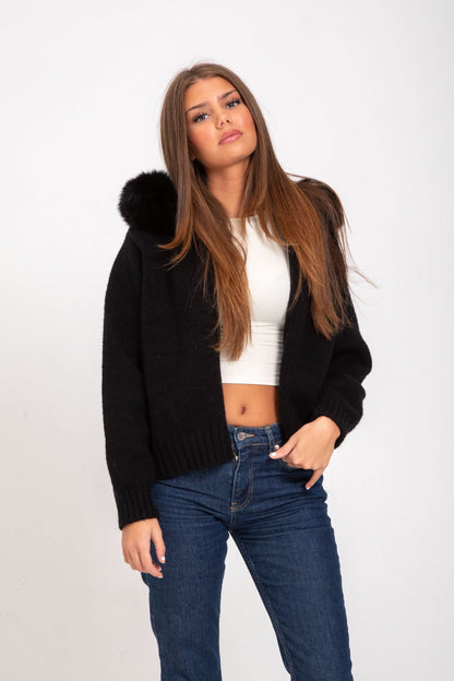 Black knit cardigan with fur shoulder collar, open front
