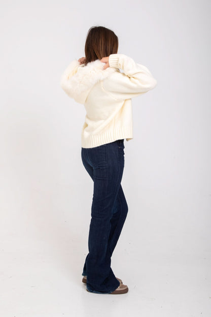 Ivory hooded fur cardigan, back view detail