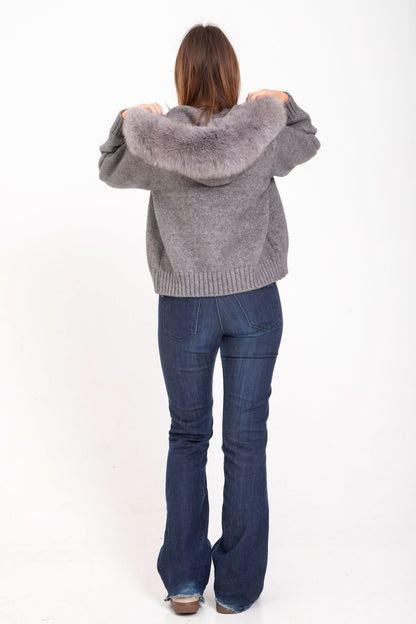 Gray knit cardigan with plush fur hood trim, back view