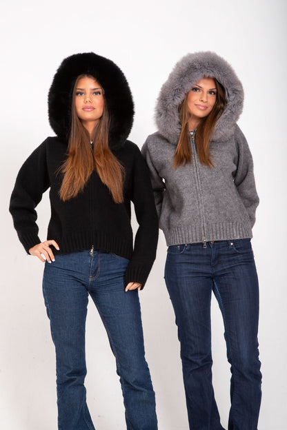 Black and gray fur-hooded cardigans with zip closure, front view