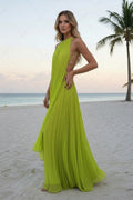 MELODIE | PLEATED HALTER OPEN BACK MAXI DRESS - Lime Green