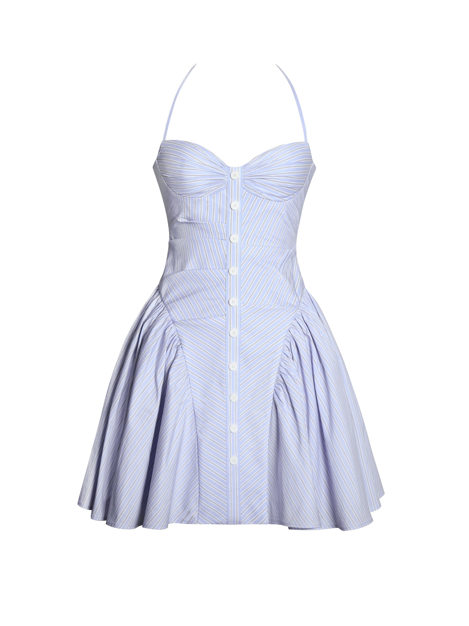 Blue striped drop waist mini dress with sweetheart neckline and full skirt