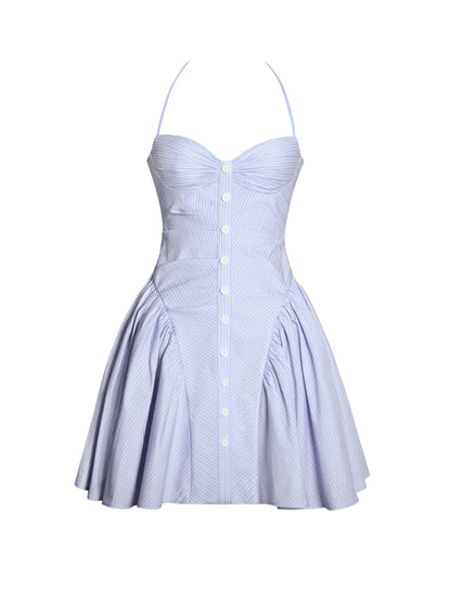 Blue striped drop waist mini dress with sweetheart neckline and full skirt