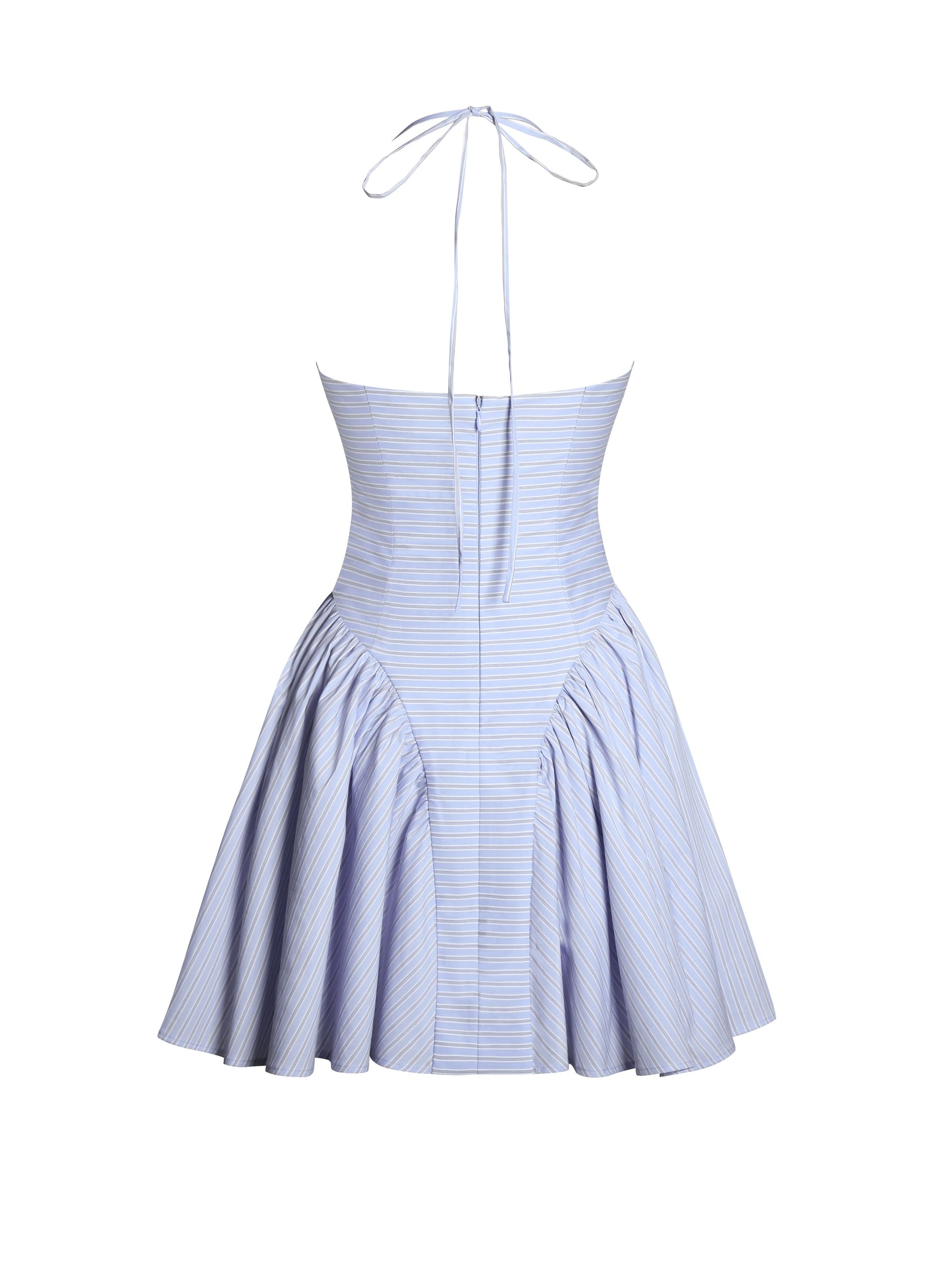 Back view of blue striped mini dress showing halter tie and pleated skirt