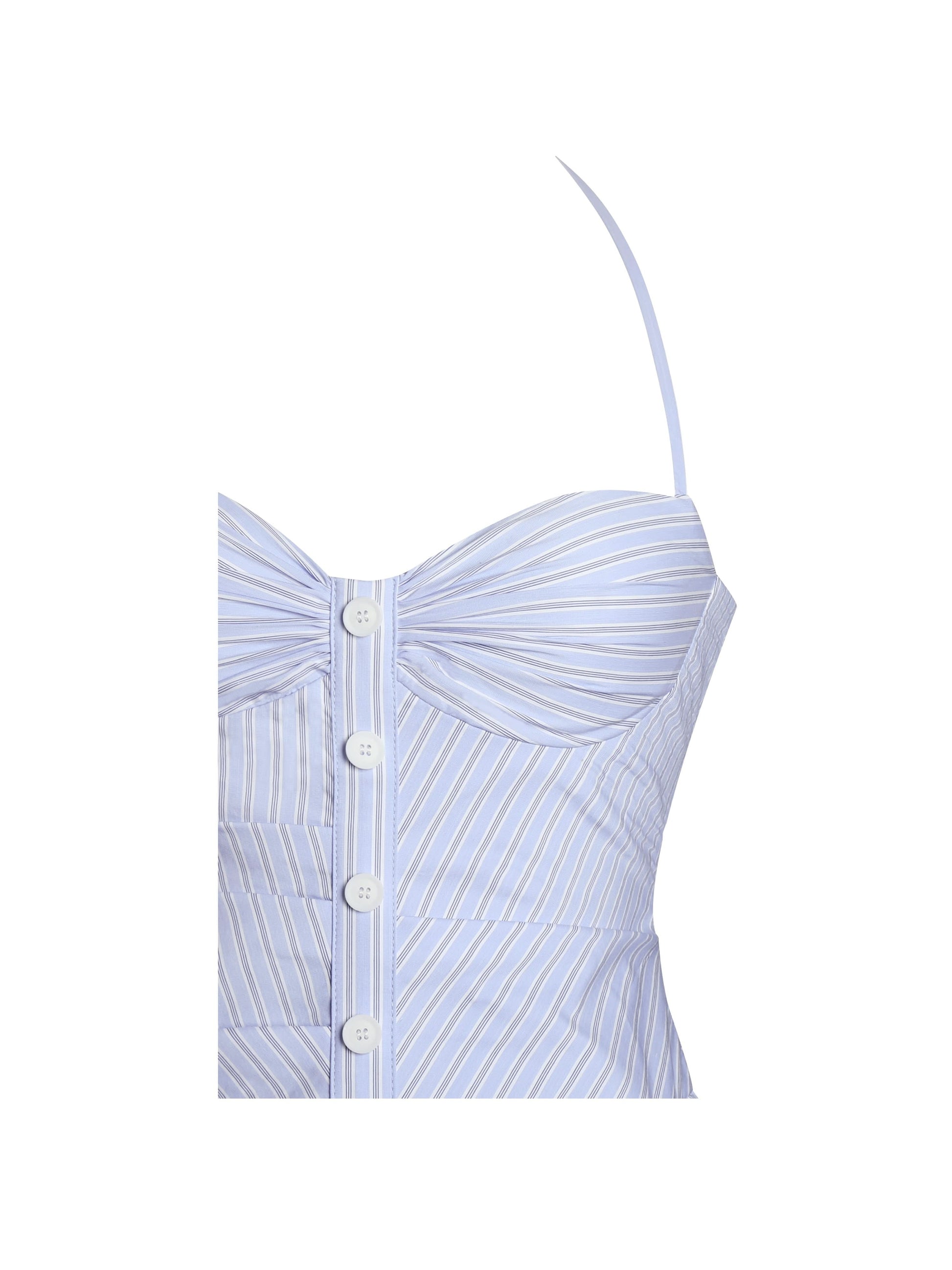 Close-up of sweetheart bustier bodice with white button details and pleating